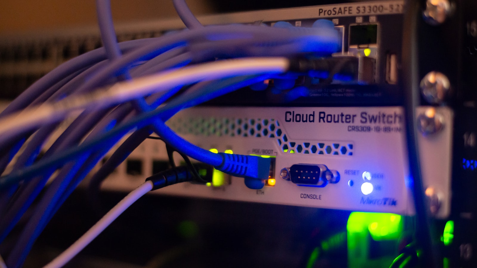 A close up of a network with wires connected to it